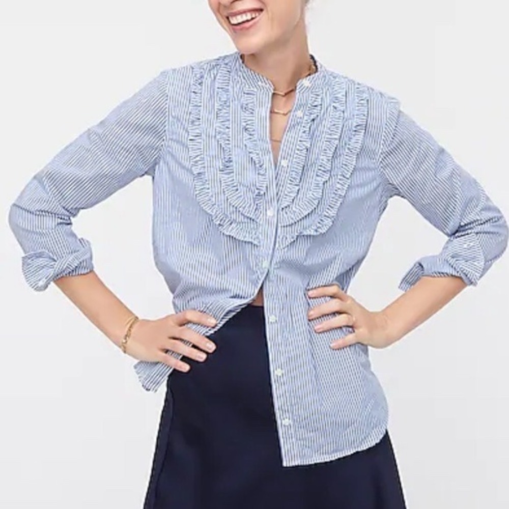 J.Crew Ruffle Bib Striped Cotton Shirt Band Collar Blue White S AU297
